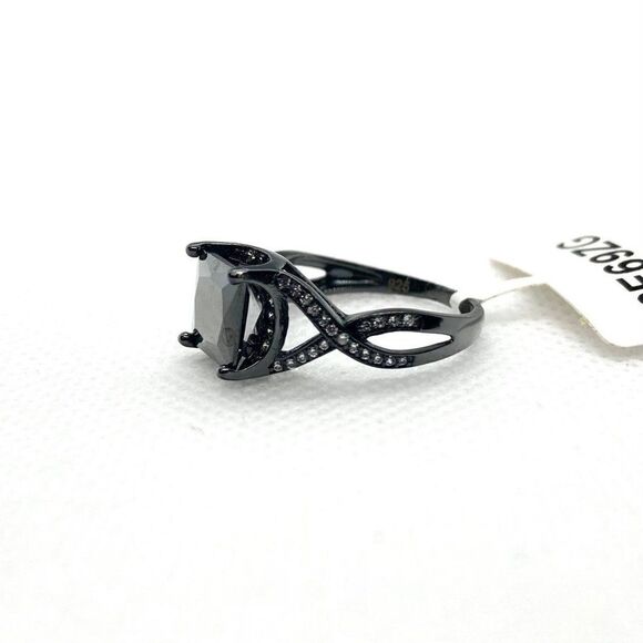 Size 7 925 Black Plated Square Cut Black Stone Ring - Picture 5 of 11